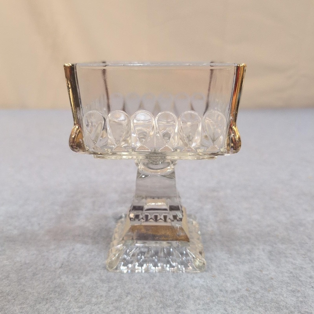 Vintage Clear Pressed Glass Square Pedestal Dish Gold Trim Thumbprint Pattern - Picture 3 of 9
